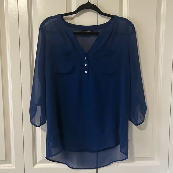 Express Portofino Style 3/4 Sleeve V-neck Chiffon Blouse, Blue, Large - Picture 1 of 6